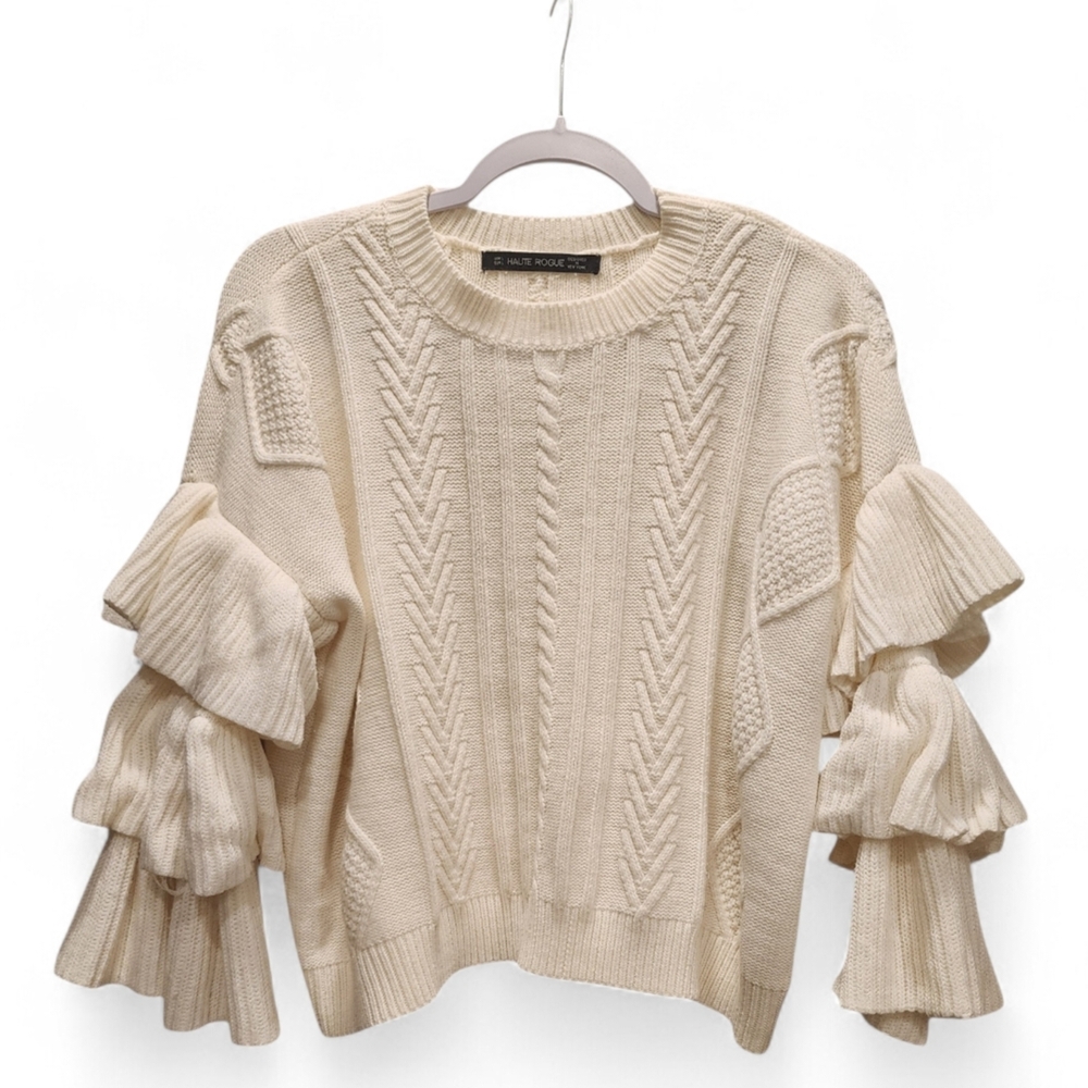 NAKED POCKET Cream Cable Knit Sweater with Ruffle Sleeves